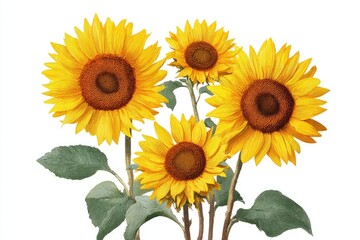 Four vibrant sunflowers against a white background.  Each flower displays a bright yellow disc surrounded by dark brown centers.  Green leaves and stems connect the blossoms
