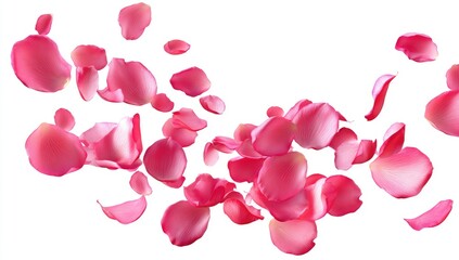 Pink rose petals floating in mid-air against a white background