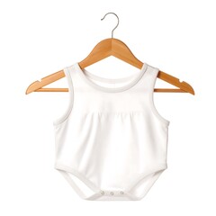 A plain white bodysuit on a wooden hanger