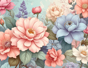 Folk pattern - floral pattern - nature in pastel color - flowers
