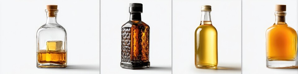 Three glass bottles of amber and gold colored liquids,  set against a white background.  Each bottle has a distinct shape and cap. A light-colored cube floats in the amber liquid of the left bottle