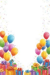Colorful balloons and gift boxes create a festive atmosphere for a celebration backdrop