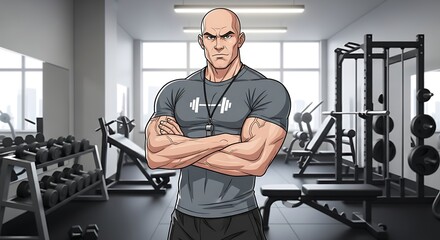 Strong animated personal trainer standing confidently in modern gym studio