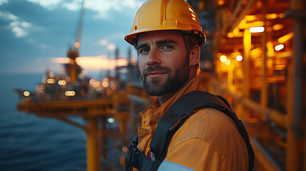 A confident worker in a safety helmet smiles at an oil platform, showcasing dedication and professionalism in the energy sector.