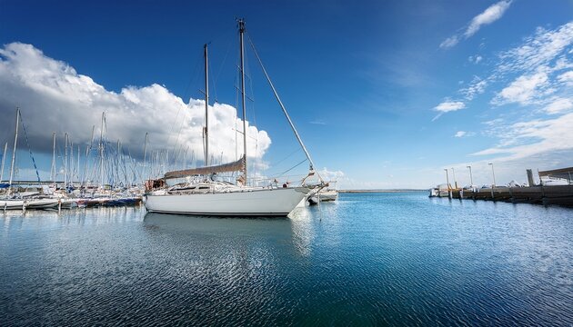 serene sailing yacht docked at marina surrounded by calm waters and clear blue sky filled with fluffy clouds tranquil scene evokes sense of peace and relaxation - Powered by Adobe