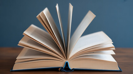 Open book with pages fanned out on wooden surface against blue background