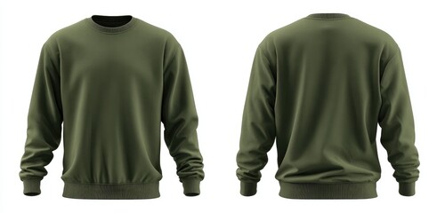 Front and back view of a plain olive green crew neck sweatshirt