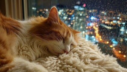 Cozy ginger cat sleeping peacefully by a window overlooking the city lights at night.