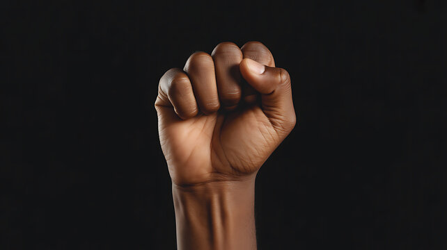 Raised clenched fist against a black background - Powered by Adobe
