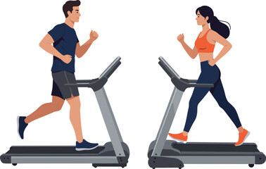 Obraz premium Man and woman running on treadmill in gym, fitness training, exercise, healthy lifestyle, cardio workout, sport activity flat vector illustration