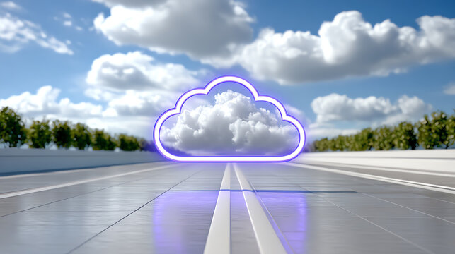 A digital cloud icon floats in a clear blue sky over a modern urban landscape, symbolizing innovation and connectivity. - Powered by Adobe