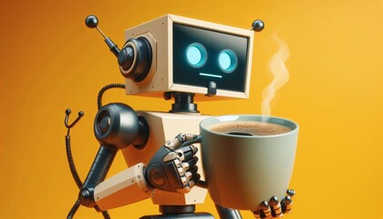 robot coffee mug angular awkward beverage drink holding humanoid unnatural