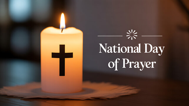 A lit candle with a cross symbol on it, displayed for the National Day of Prayer. - Powered by Adobe