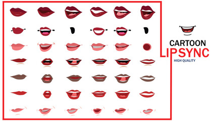 Lips Sync Set. Human lips Collection for lips Animation and synchronization. Sad, Smile, Angry, Laughing Mouth Vector Illustration.