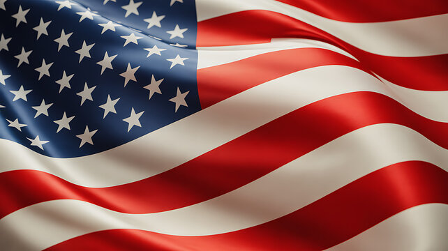 American flag waving in the wind, displaying stars and stripes with vibrant red, white, and blue colors