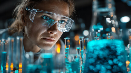 A focused scientist examines colorful liquids in laboratory glassware, highlighting the beauty of chemical reactions.