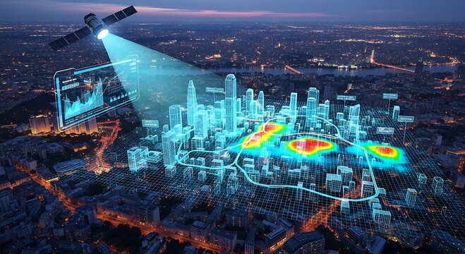 Satellite Monitoring Smart City: Data Visualization & Analysis for Urban Planning, IoT, and Infrastructure Management. - Powered by Adobe