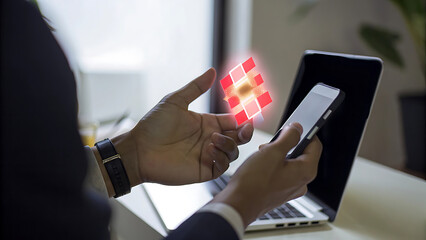 Hands with glowing holographic stock price ticker dashboard for real time trading