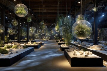 Indoor botanical display with transparent globes