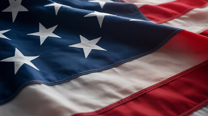 Close-up of the American flag with stars and stripes in focus, showing fabric texture and folds.