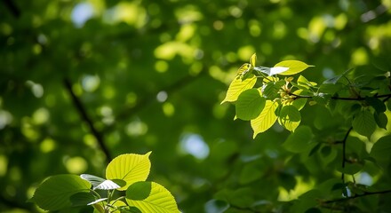 Sunlit canopy leaves displaying lush green colors during the springtime