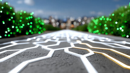 Fototapeta premium A futuristic pathway illuminated with neon lights, surrounded by green foliage, blending nature with innovation and urban design.