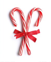 Two candy canes tied with a red ribbon, against a white background
