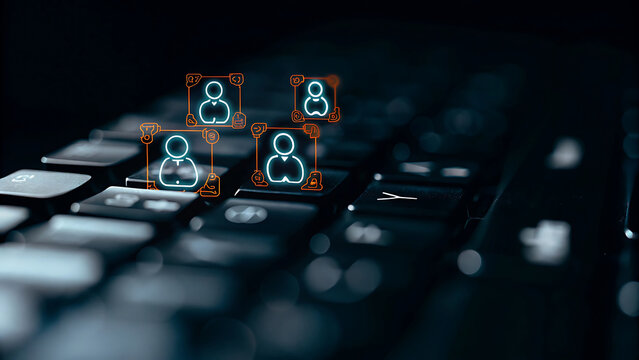 Keyboard with glowing futuristic holographic video conferencing platform for teamwork