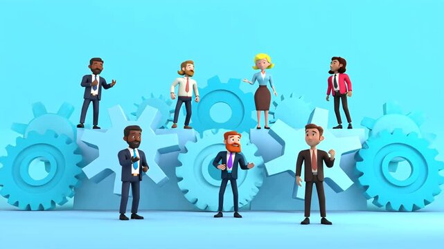 3D cartoon characters of business people and gears