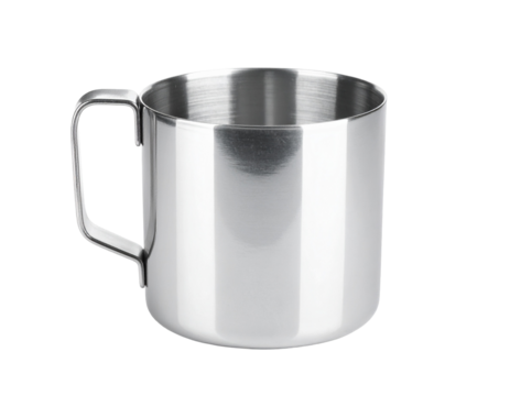 Stainless steel measuring pitcher or jug isolated on a white background, side view, another angle