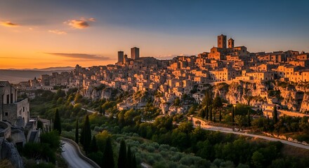 Obraz premium Panoramic view of a historic Italian town at sunrise.