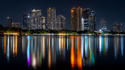 Naklejka premium Nighttime Cityscape Reflection on Water with Modern Skyscrapers and Illuminated Lights