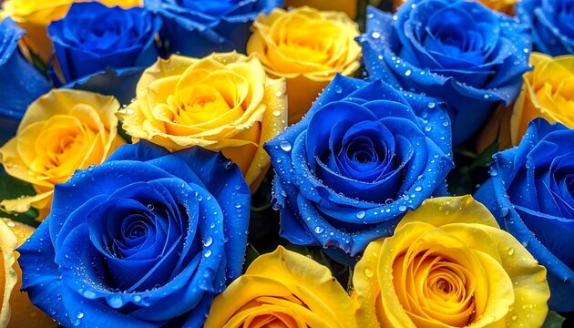 Close-up of vibrant blue and yellow roses