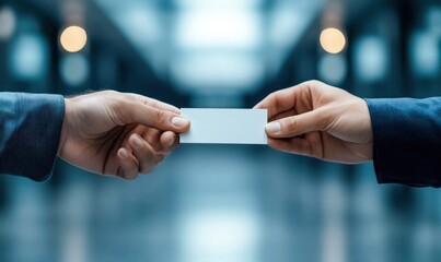 Two people in formal wear exchange a blank business card, symbolizing networking and exchange within a professional context.