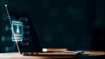 Laptop desk with glowing holographic e learning digital classroom system