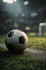 Iconic Soccer Ball on Grassy Pitch Line Under Bright Stadium Lights, Goal in Distance.
