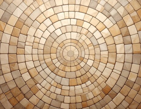 Circular mosaic pattern of light beige and tan squares