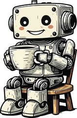 Cute cartoon retro coffee cup robot with vintage symbol