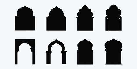 Collection of black silhouettes featuring Islamic architectural elements on white background