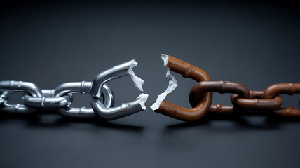 Obraz premium A broken chain with silver and rusted links separated against a dark background