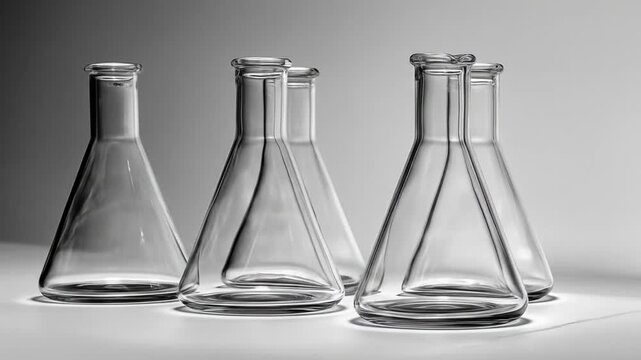 Clear scientific flasks arranged in a row against a bright background.