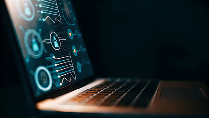 Laptop with glowing futuristic holographic health monitoring application