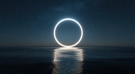 Obraz premium A luminous circle hovers over a dark sea, reflecting starlight