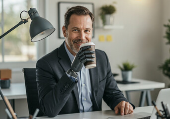 Middle-aged man with prosthetic hand smiling and holding coffee at office