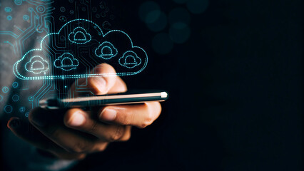 Smartphone in hand with holographic cloud storage application for data security