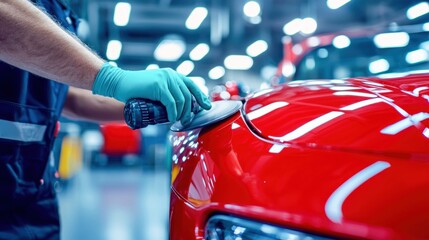 A professional is using a polishing machine on a vibrant red car in a brightly lit workshop, aiming for a glossy finish.