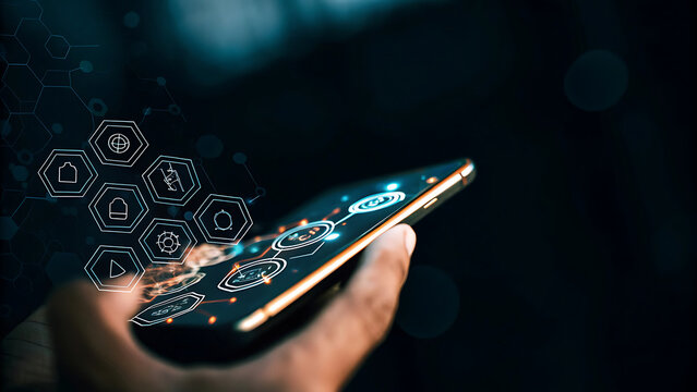 Smartphone with glowing futuristic holographic cryptocurrency wallet interface