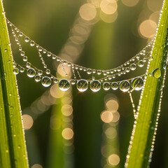 Delicate spiderweb adorned with glistening dew drops in the soft morning light.