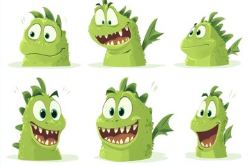 Obraz premium Animated Green Monster with Various Expressions on White Background