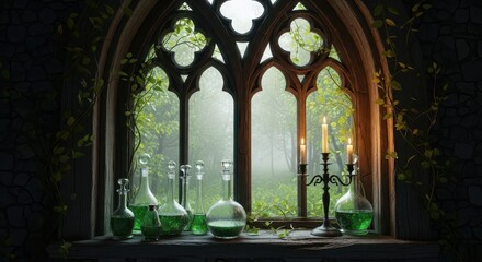 Enchanted laboratory window with bubbling potions and candlelight